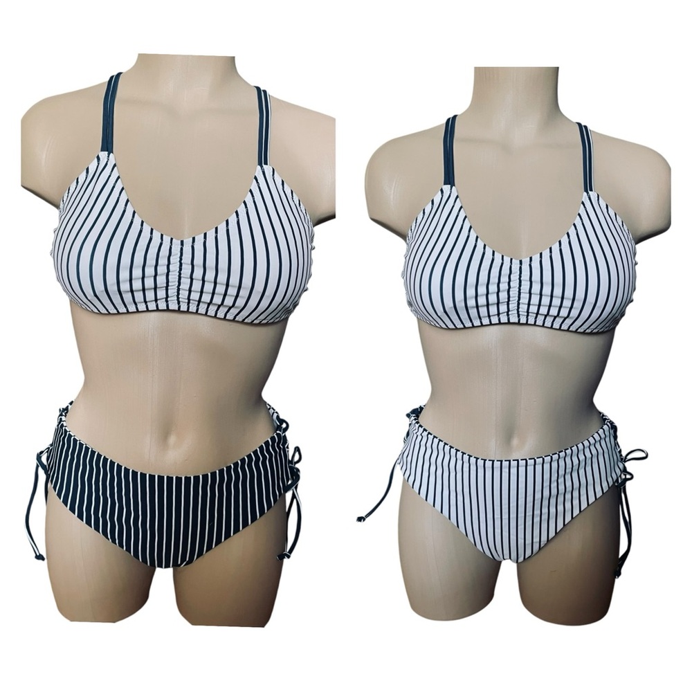CUPSHE Two Piece Bikini Swimsuit Navy White Stripes Reversible Bottoms Medium